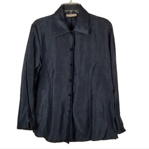 Deborah Parker Women Linen Silk Button Blouse Top Size Large Blue Office Siren